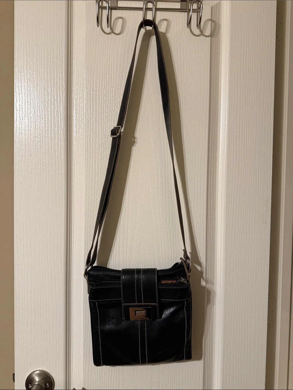 Tignanello Black Leather Crossbody Messenger with Contrast Stitching